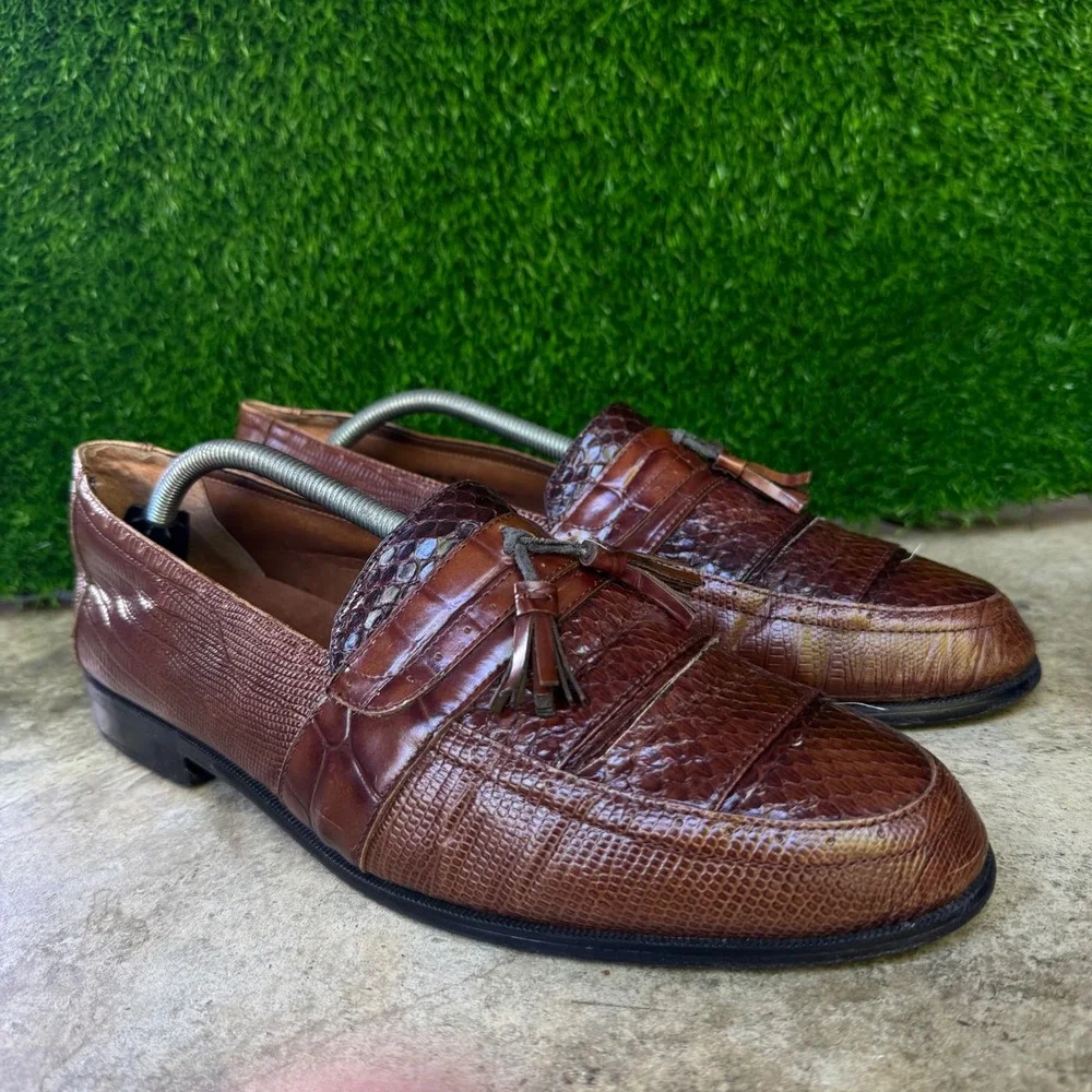 Vintage 90s Stacy Adams Genuine Snake Tassel Loafers Western Brown 11